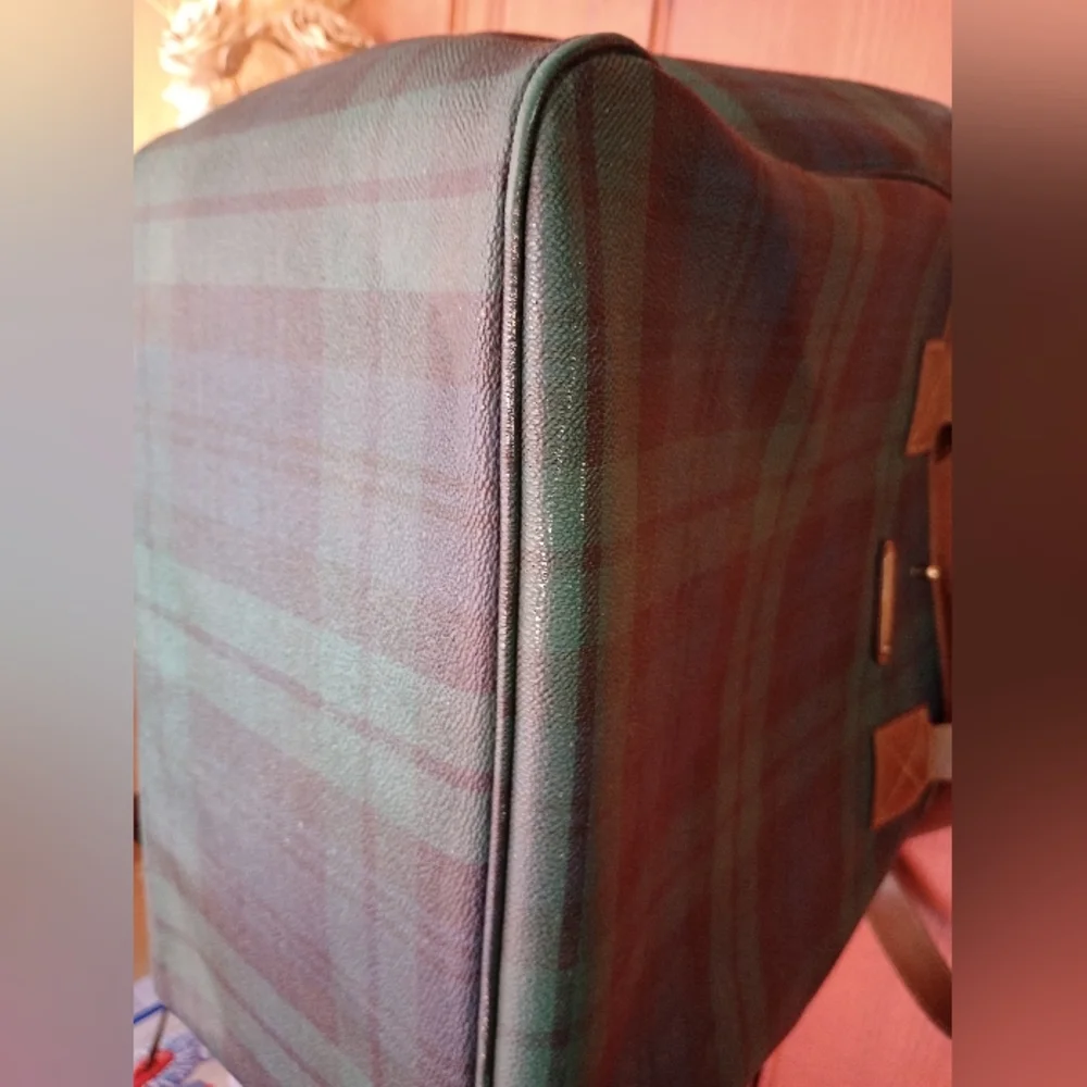 Vintage Green Plaid Tote Bag with Brown Leather Handles Polo Ralph Lauren - Picture 8 of 13